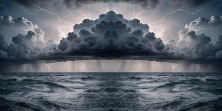 Powerful weather event unfolds with torrential downpour and intense lightning illuminating vast,...
