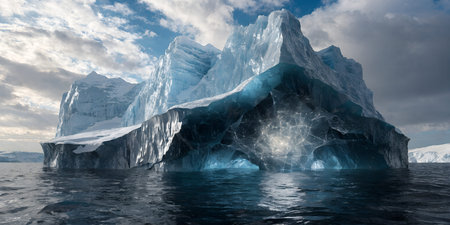 Massive iceberg floats majestically in icy ocean, emitting luminous glow from within. Intricate patterns of light illuminate blue ice under cloudy sky. Cold water surrounds monumental structure. Arctic landscape portrays raw power of nature.の写真素材