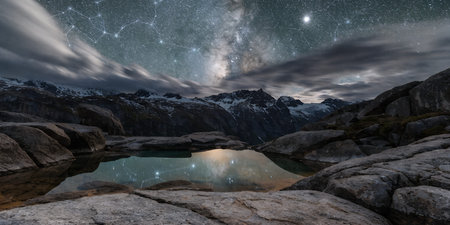 Serene mountain pond mirroring cosmic stars and nebula. Dramatic peaks with snow under cloudy night...