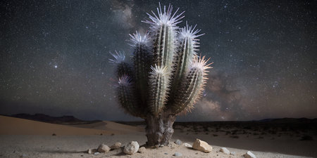 Majestic saguaro cactus illuminated against deep night sky filled with countless stars and faint...