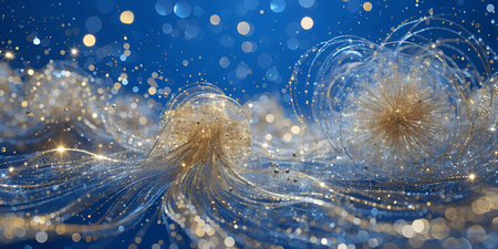 Golden water splash abstract luxury background with blue bokeh lights and dynamic motion for elegant...