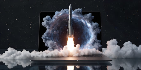 Space rocket launch at night with bright flames and smoke against starry sky, futuristic space exploration technologyの写真素材