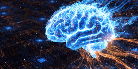 Dynamic image features glowing blue human brain on detailed circuit board, emanating light and...