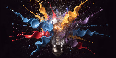 Dramatic conceptual scene featuring broken lightbulb with flying glass fragments and swirling paint splashes. High energy visual showing destructive yet creative process of new discovery. Bright warm light radiating from center through chaotic colorful liquid mess.の写真素材