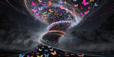 Dramatic forest scene, huge butterfly vortex, swirling energy, glowing lights, dark night, mystical...
