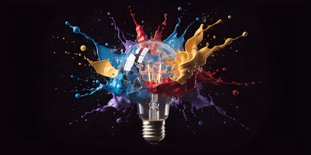 Conceptual image of lightbulb exploding with thick multicolored paint droplets in blue red yellow...