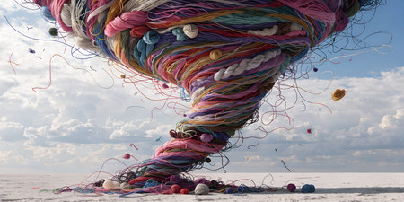 Enormous cyclone of soft yarn balls and loose threads spiraling from sandy ground. Vibrant pink red...