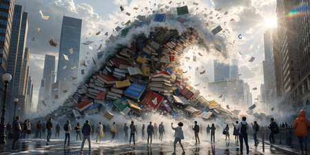 A colossal wave of colorful books surges through a bustling city street, illustrating a dramatic and...