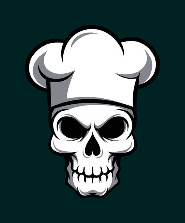 Chef Skull with Hat Illustration, Bold black and white illustration of a skull wearing a chef hat, blending culinary and gothic themes for a unique and edgy design.のイラスト素材