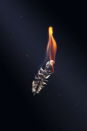 Flying feather burning in fire on dark backgroundの写真素材