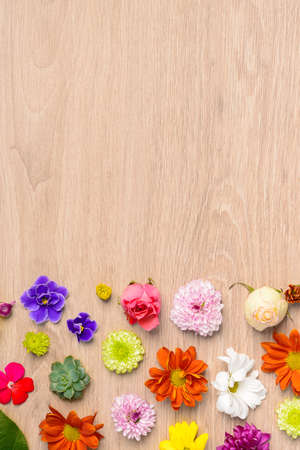 Different single flowers scattered on wooden tableの写真素材