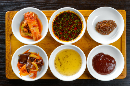 Top view of Korean sauces and condimentsの写真素材