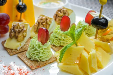 Set of canape and appetizers for wine loversの写真素材