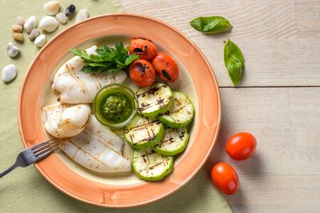 Grilled squid with squashの写真素材