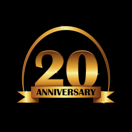 20 Years Anniversary Celebration Design. Golden anniversary emblem isolated on black background.