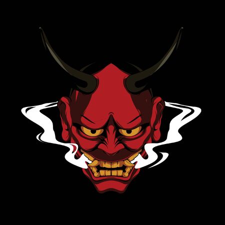 Illustration vector graphic of Hannya Mask or mask from Japan with smoke coming out of the mouth. Good for design clothes, jackets, etc.のイラスト素材