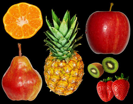 Sweet and colorful fruits over black background.の写真素材