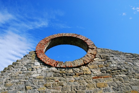 circle window on the blue skyの写真素材
