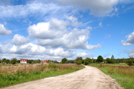 Summer day, sand road in the field.の写真素材
