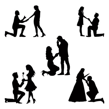 Proposal silhouette vector illustration set. Silhouettes of a man proposing to a woman or man while standing on one knee.のイラスト素材