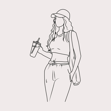 Line drawing of a young beauty female college student with coffee.  Drinking coffee concept line draw design vector graphic illustrationのイラスト素材