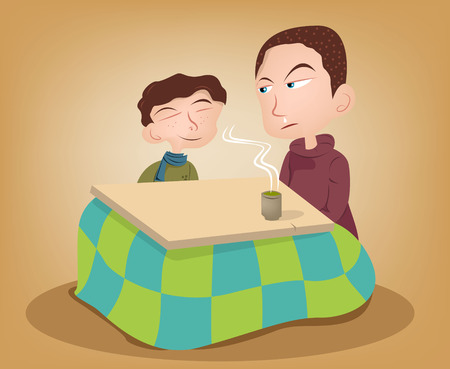 Two brother enjoying the kotatsu with hot green teaのイラスト素材