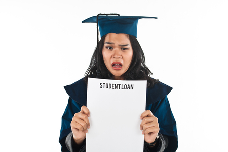 Female student unhappy with her student loanの写真素材