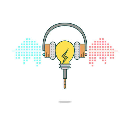 Isolated cartoon light bulb listening music with headphonesのイラスト素材