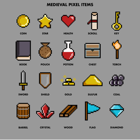 medieval pixel itemsのイラスト素材