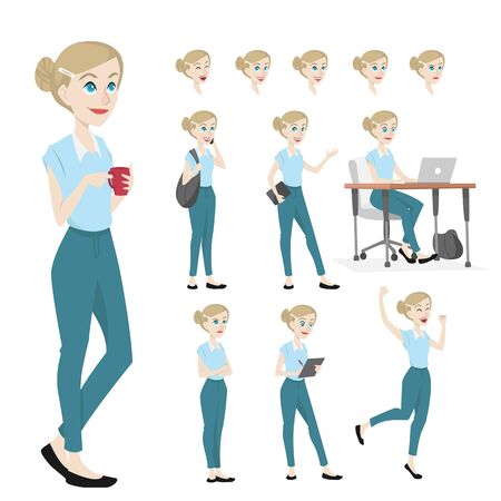 young and beautiful woman character in many poseのイラスト素材