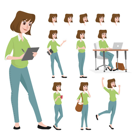 young and beautiful woman character in many poseのイラスト素材