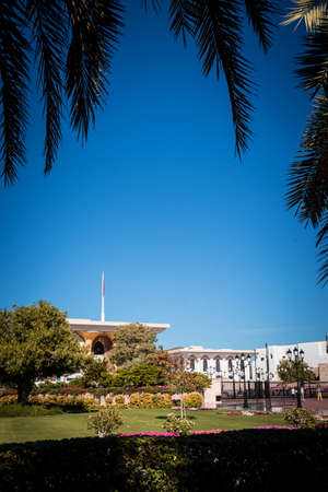Muscat, Oman, December 27, 2019: Lateral view of the Al Alam Palace main entranceのeditorial素材