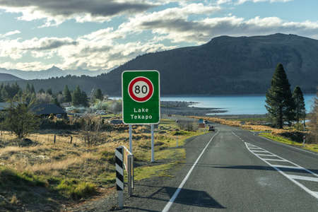 Tekapo, New Zealand, October 2, 2019: Image of the welcome sign to Tekapo Lake taken on a sunny dayのeditorial素材
