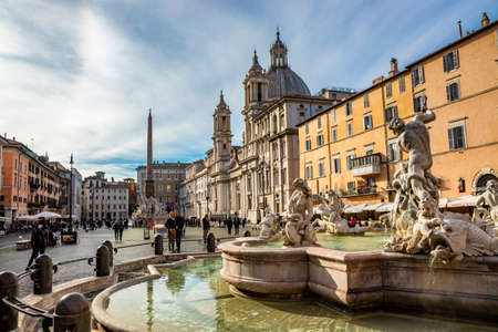 November 18, 2018 - Rome, Italy - The Fountain of Neptune in Piazza Navona, the ancient Stadium of Domitian. Church of Sant'Agnese in Agone in the background.のeditorial素材
