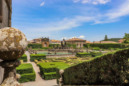 June 3, 2018 - Bagnaia, Lazio, Italy - Villa Lante is a Mannerist garden of surprise near Viterbo, central Italy, attributed to Jacopo Barozzi da Vignola. The Fountain of the Four Moors.のeditorial素材