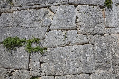 The ancient megalithic walls surround the acropolis of Amelia, in Umbria, Italy. Texture composed ofirregular huge blocks of stone. The grass grows between the interstices of the wall.の写真素材