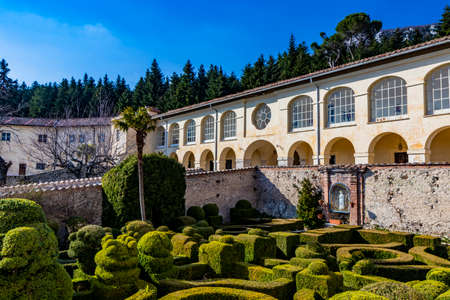 March 24, 2019 - Collepardo, Frosinone, Lazio, Italy - Trisulti Charterhouse, former Carthusian and Cistercian monastery. The garden, former vegetable garden of the ancient pharmacy. Clear blue sky.のeditorial素材