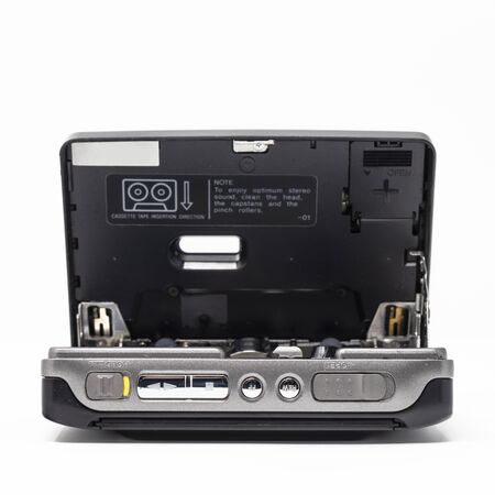 Vintage audio player. Old fashioned portable cassette player, cult object, icon and symbol of the...