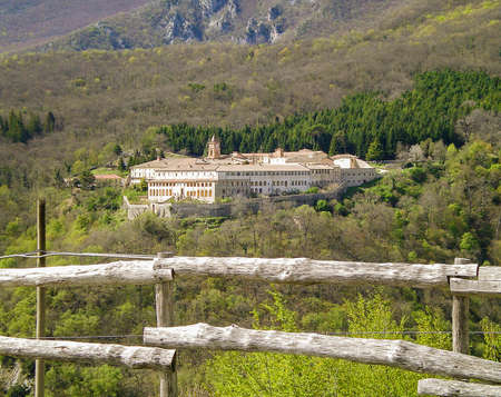 March 24, 2019 - Collepardo, Frosinone, Lazio, Italy - Trisulti Charterhouse is a former Carthusian and Cistercian monastery, in the Ernici Mountains. View of the abbey.のeditorial素材