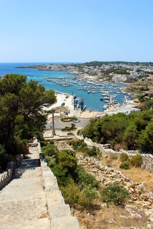 Top view of the city of Santa Maria di Leuca, in Salento, Puglia, Lecce, Italy. The sea, the blue sky and the marina.の写真素材