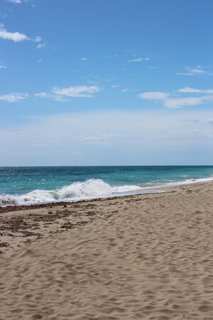 the deserted sea in winter with rough seas, seaweed on the shore and debris on the sand of the beach.の写真素材