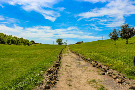 The Etruscan natural and archaeological park of Vulci, in the province of Viterbo, Lazio, Italy. The remains of an ancient Etruscan city and the small lake.のeditorial素材