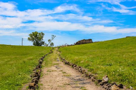 The Etruscan natural and archaeological park of Vulci, in the province of Viterbo, Lazio, Italy. The remains of an ancient Etruscan city and the small lake.のeditorial素材