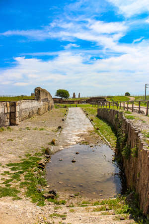 The Etruscan natural and archaeological park of Vulci, in the province of Viterbo, Lazio, Italy. The remains of an ancient Etruscan city and the small lake.のeditorial素材