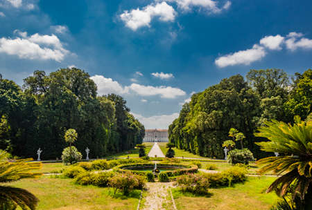 July 3, 2020 - Royal Palace of (Reggia di) Caserta - The huge and very long basin of the park's artificial lake. The perspective view, towards the waterfall and the numerous pools and water features.のeditorial素材