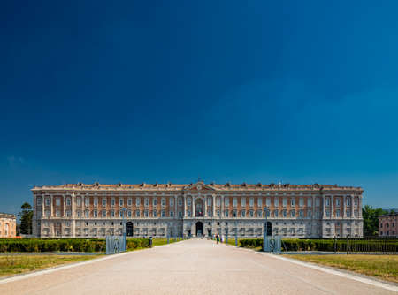 July 3, 2020 - Royal Palace of (Reggia di) Caserta - The huge and very long basin of the park's artificial lake. The perspective view, towards the waterfall and the numerous pools and water features.のeditorial素材
