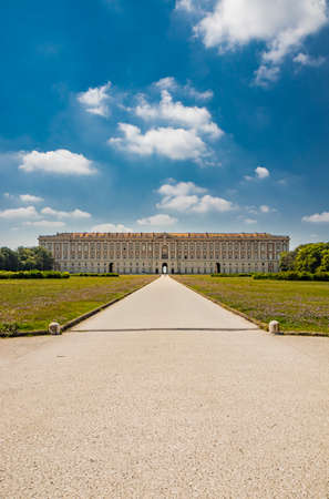 July 3, 2020 - Royal Palace of (Reggia di) Caserta - The huge and very long basin of the park's artificial lake. The perspective view, towards the waterfall and the numerous pools and water features.のeditorial素材