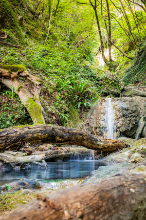 Waterfalls of the Rioscuro stream, in Cineto Romano, Rome, Lazio, Italy. Rich vegetation in the woods. Cool place, refreshment from summer heat. Trekking, mountain excursion. Peace, silence, nature.の写真素材