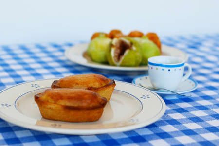 Breakfast in Salento, with typical products of the southern Italian tradition: Prickly pears, figs and Pasticciotto with cream on ceramic plates and white and blue checked tablecloth.の写真素材