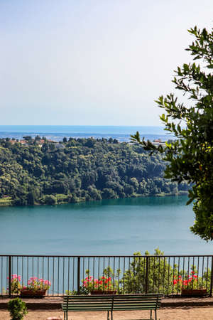 The lake of Nemi, in the province of Rome, in the Roman castles, Italy. Top view of the lake.の写真素材